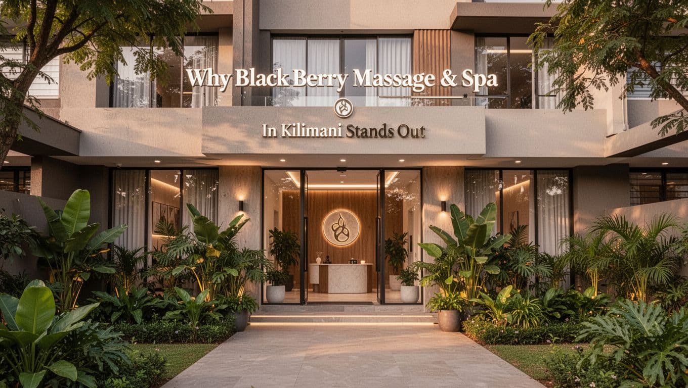 Swedish Massage 10 Serene daytime view of the modern Black Berry Massage & Spa exterior in Kilimani, Nairobi, Kenya, with warm lighting, lush green plants, and a welcoming entrance.