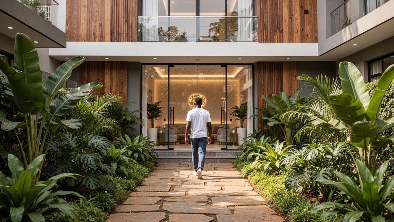Modern spa entrance in Kilimani Nairobi at Jade Residency on Kindaruma Road with welcoming stone pathway lined by tropical plants glass door warm light one person approaching daytime sunlight serene urban vibe.