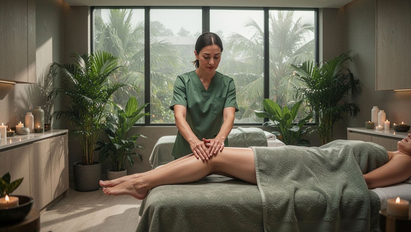 In the serene treatment room of Blossom Spa in Westlands Nairobi, a therapist glides hands over a client's lower legs amid modern clean lines, tropical plants, and diffused daylight from large windows.