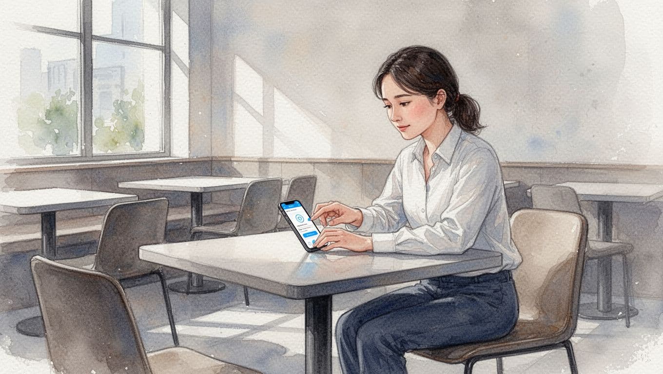 A single person sits at a minimalist cafe table while using a smartphone. The watercolor artwork features soft, neutral brush strokes depicting a calm atmosphere centered on the digital booking process.