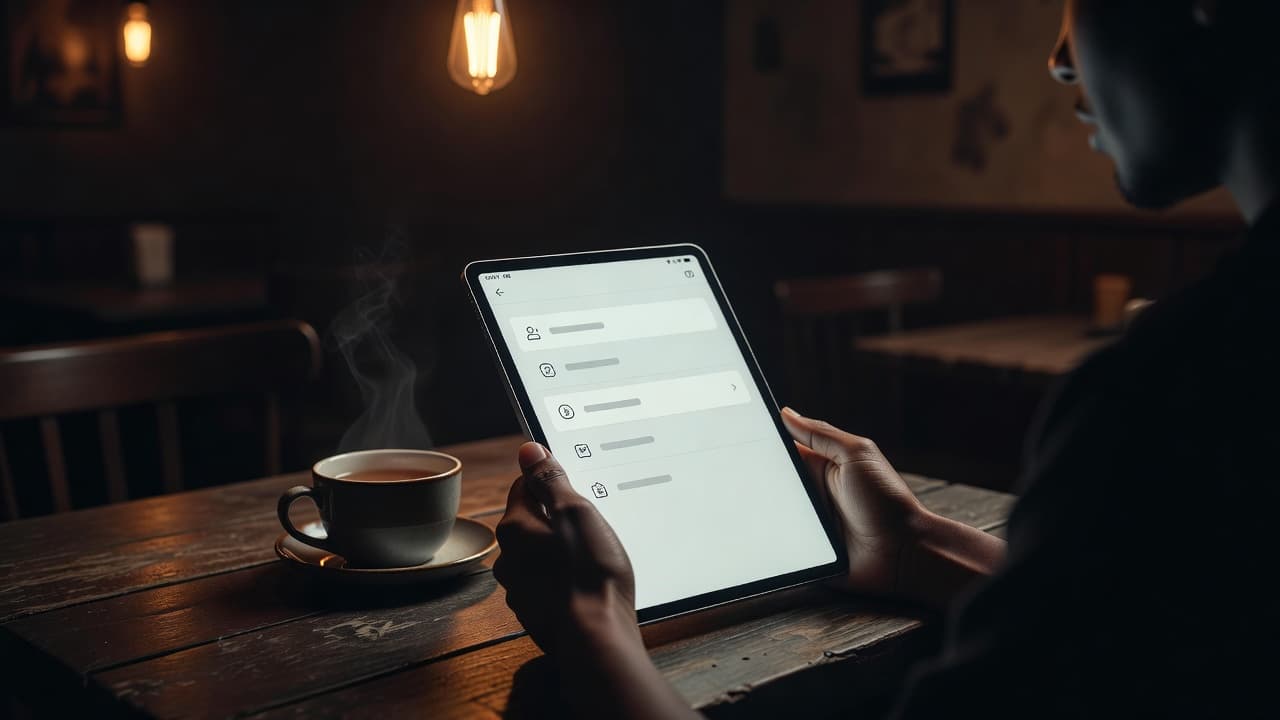 Hands hold a tablet displaying a minimalist website interface while resting on a dark cafe table. A steaming cup of tea sits nearby in the warm, moody atmosphere of the interior.