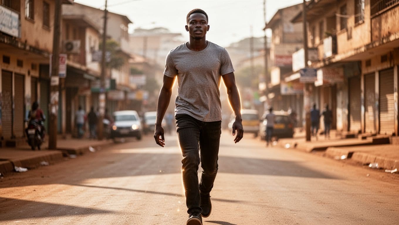 Energized person with healthy glow and strong stride walks mid-stride on sunny Nairobi street, evoking boosted circulation and vitality post-massage.