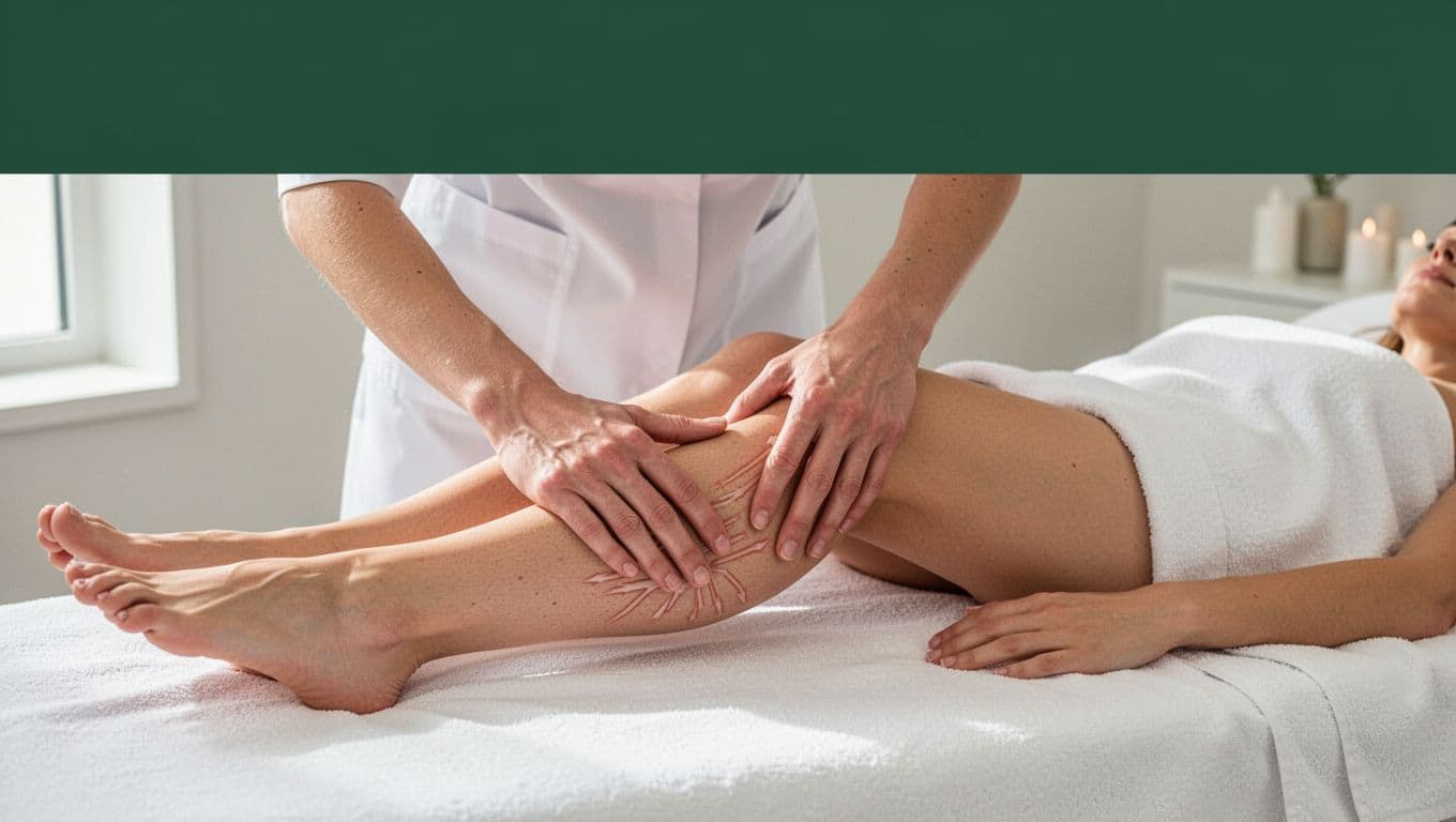 Bold editorial style image with 'Boost Immunity' headline in a muted dark-green band at the top, featuring a realistic spa scene of a client receiving gentle lymphatic drainage massage on legs by a therapist, highlighting fluid movement, relaxed body, healthy skin glow, and post-session vitality under natural light.