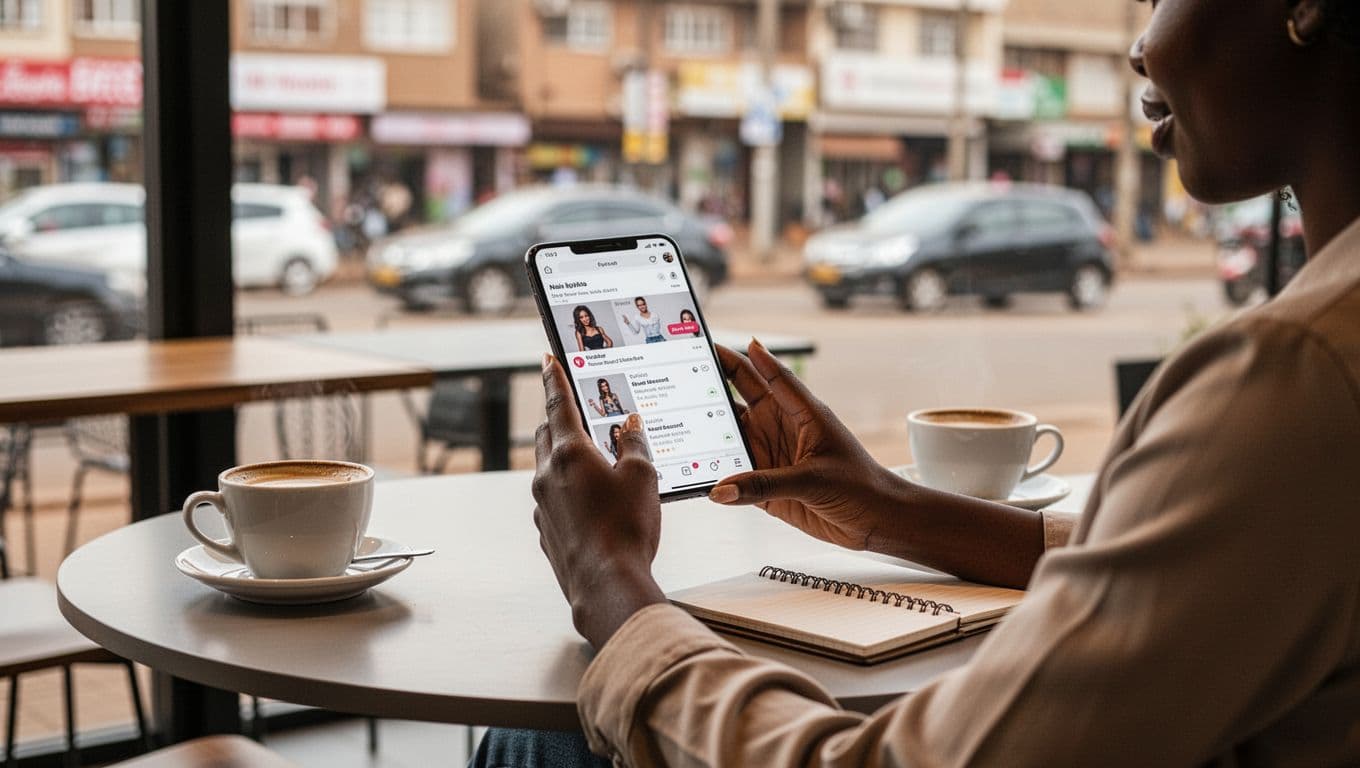 A relaxed person at a modern cafe table in Kilimani Nairobi browses a trusted escort directory on their smartphone, with coffee cup and notebook nearby and blurred urban street view through window.