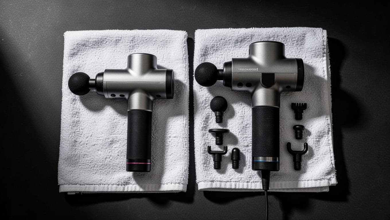 Budget and premium massage guns side by side on a gym towel, with the simple lightweight model on the left and advanced heavy-duty model with attachments on the right. Top-down composition on a clean dark background in cinematic style with strong contrast, dramatic lighting, and depth of field.