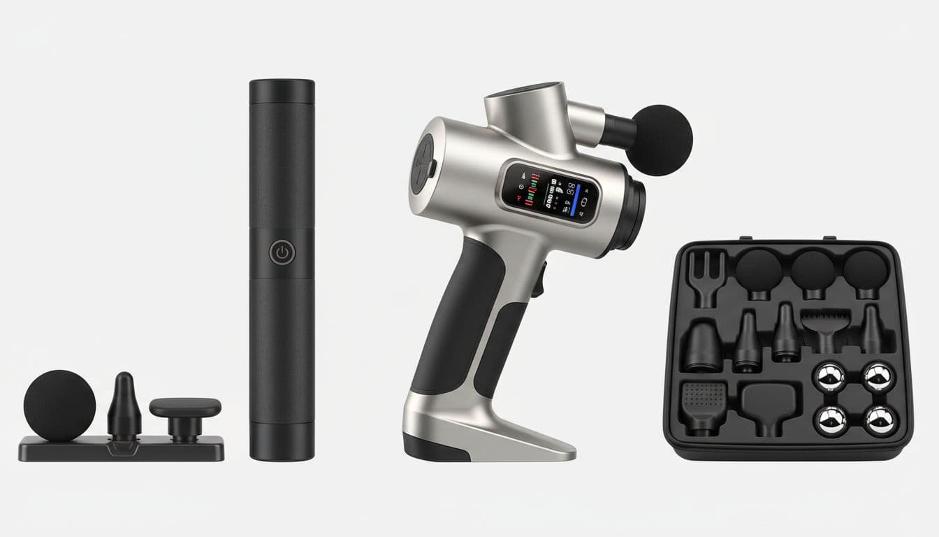 Side-by-side comparison of a basic budget massage gun with straight handle and few attachments versus a premium model with ergonomic multi-grip handle, multiple attachments, and screen display on a neutral background.