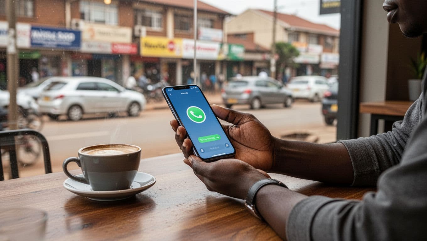 One person in a modern Nairobi cafe uses a secondary burner phone for private messaging, holding it relaxed on the table next to a coffee cup, with a blurred Kilimani street view through the window in soft natural daylight.
