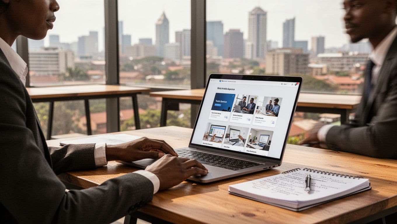 A professional business person in a bright Nairobi co-working space reviews web agency service pages and case studies on a laptop, with a subtle skyline view outside the window, notepad nearby, warm natural light.