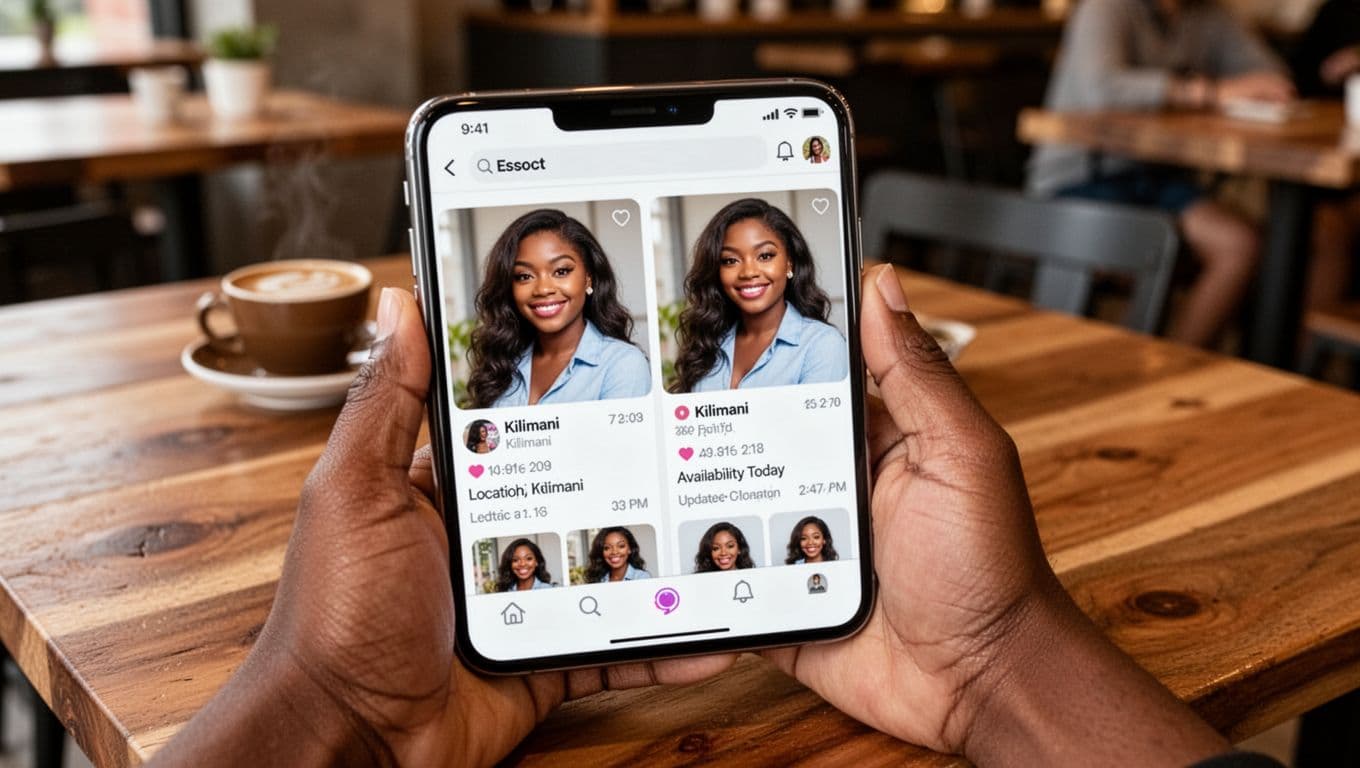 Smartphone screen held by one hand on a wooden cafe table, displaying two side-by-side escort profile cards with recent photos of a woman, Kilimani location, today availability, and update timestamps, emphasizing quality signals in a cozy atmosphere.