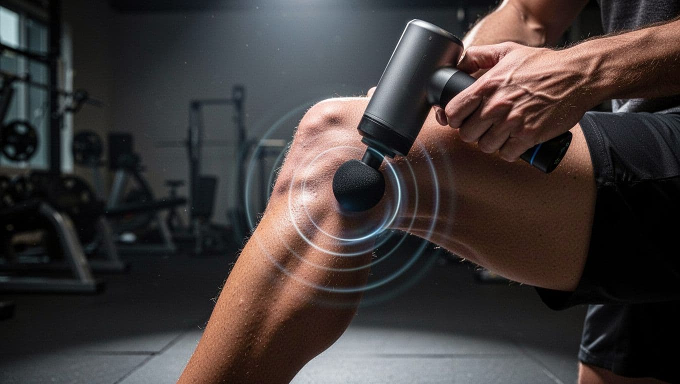 Close-up side view of a massage gun delivering percussion therapy to an athlete's lower leg calf muscle in a dim gym, featuring subtle motion blur, glowing pulse waves illustrating deep-penetrating oscillations into muscle and fascia layers, with dramatic lighting highlighting contours.