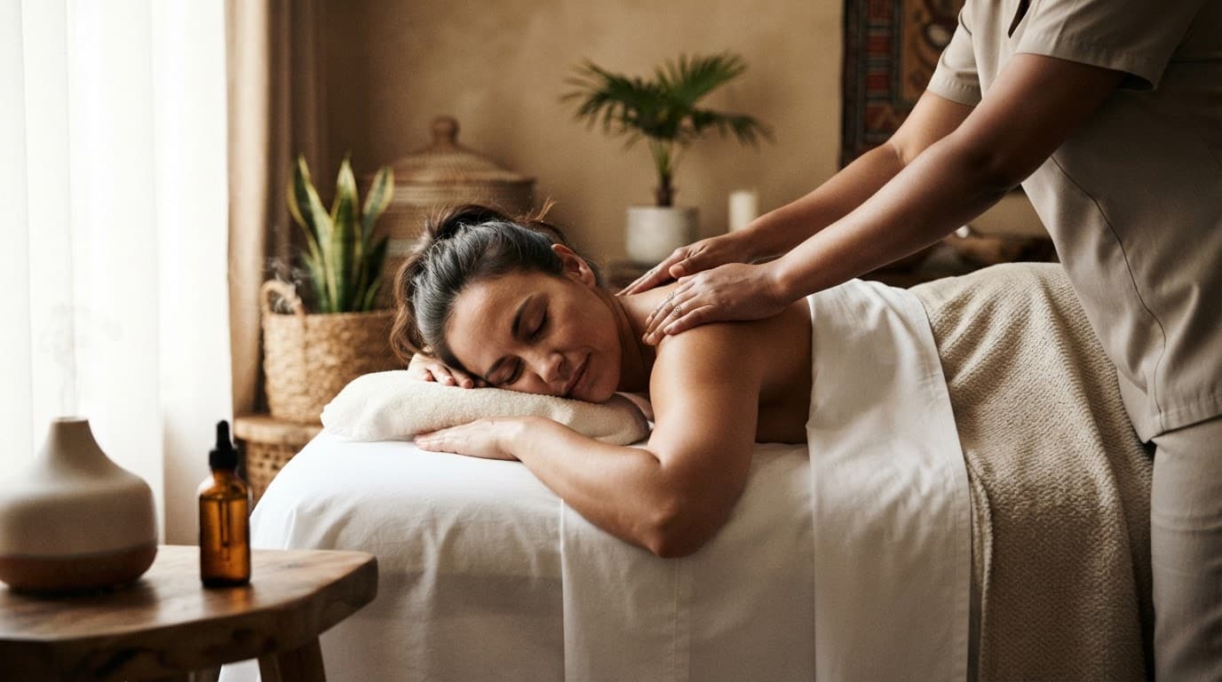 Client receiving a gentle shoulder massage in a softly lit spa room.