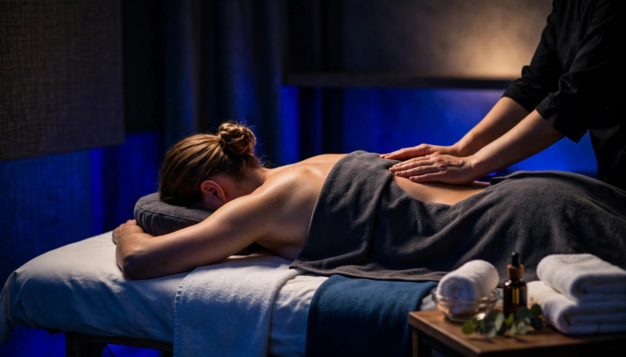 Client receiving a back massage in a softly lit private treatment room.