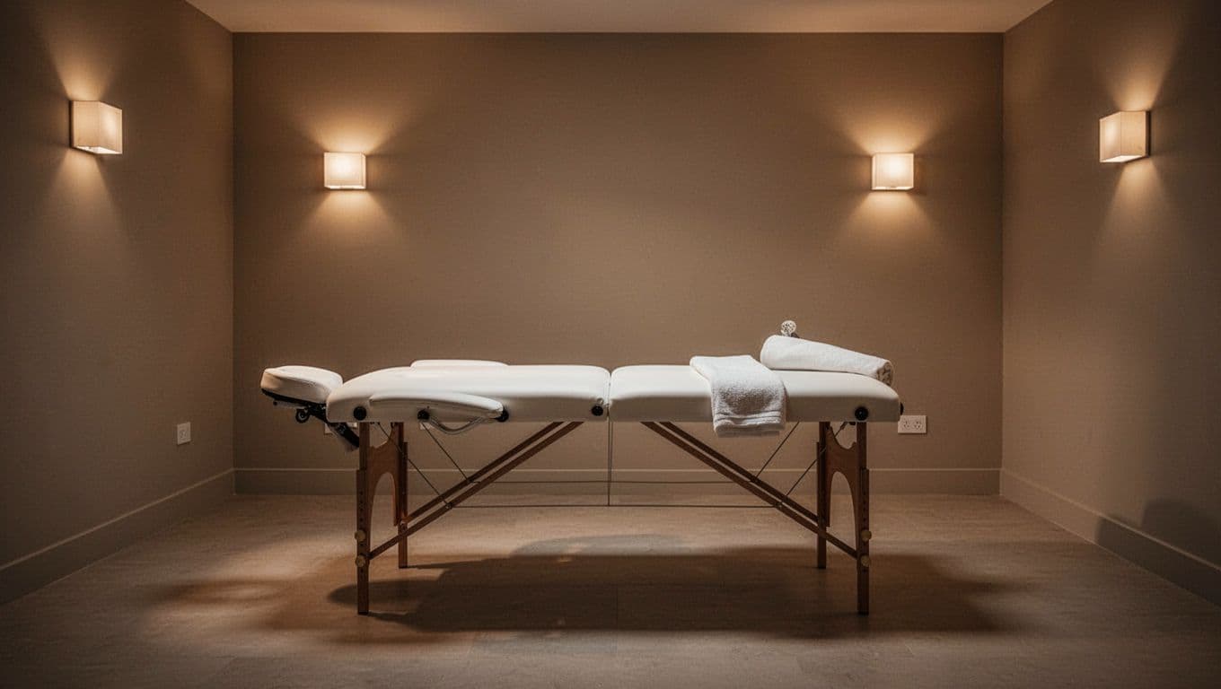 A professional massage table sits centered in a serene room illuminated only by soft, warm wall sconces. The neutral color palette and dim lighting create a tranquil, meditative environment for clients.