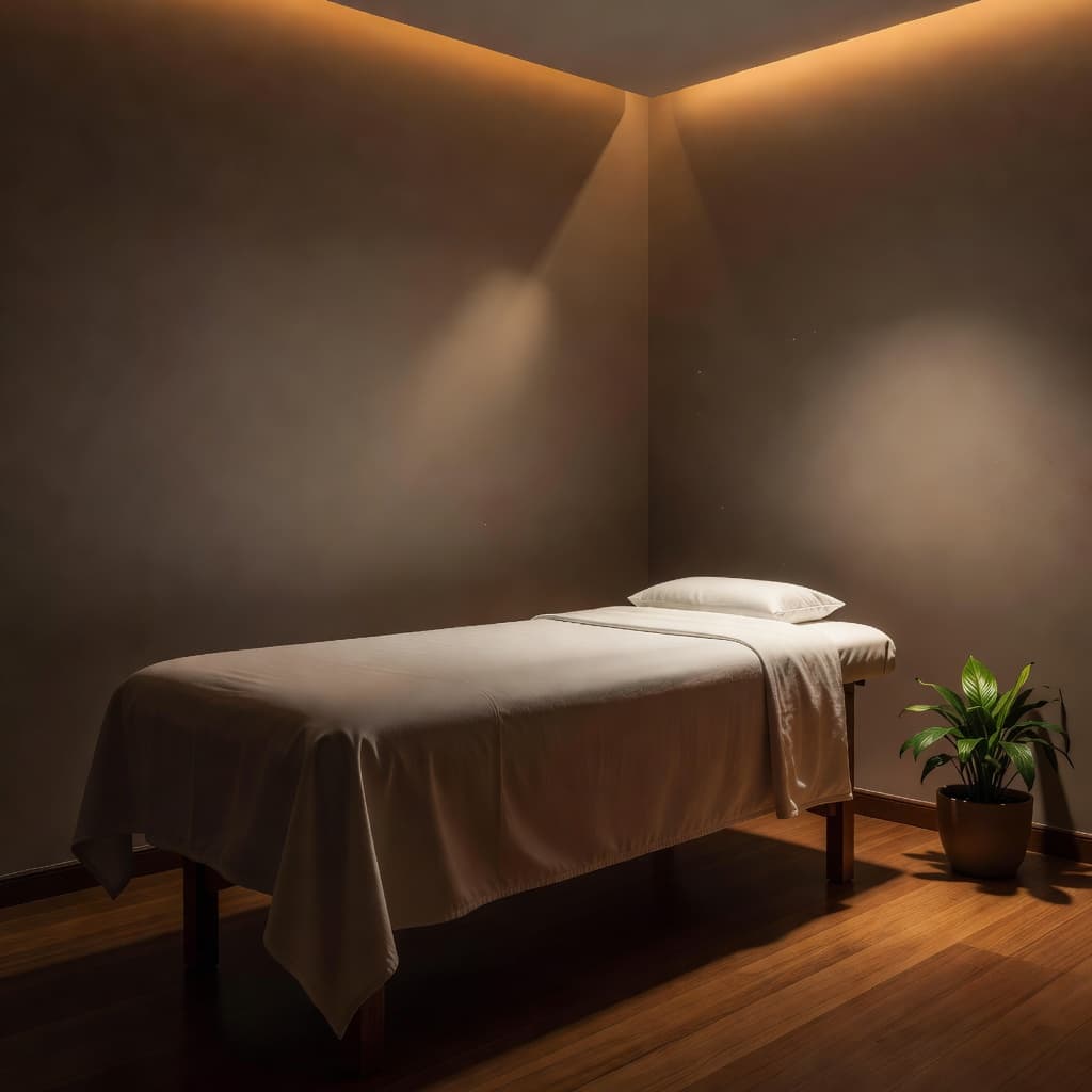 A pristine massage table draped in crisp white linens sits centered in a minimalist room. Warm glowing lights illuminate the space, highlighting a small green plant placed in the corner.