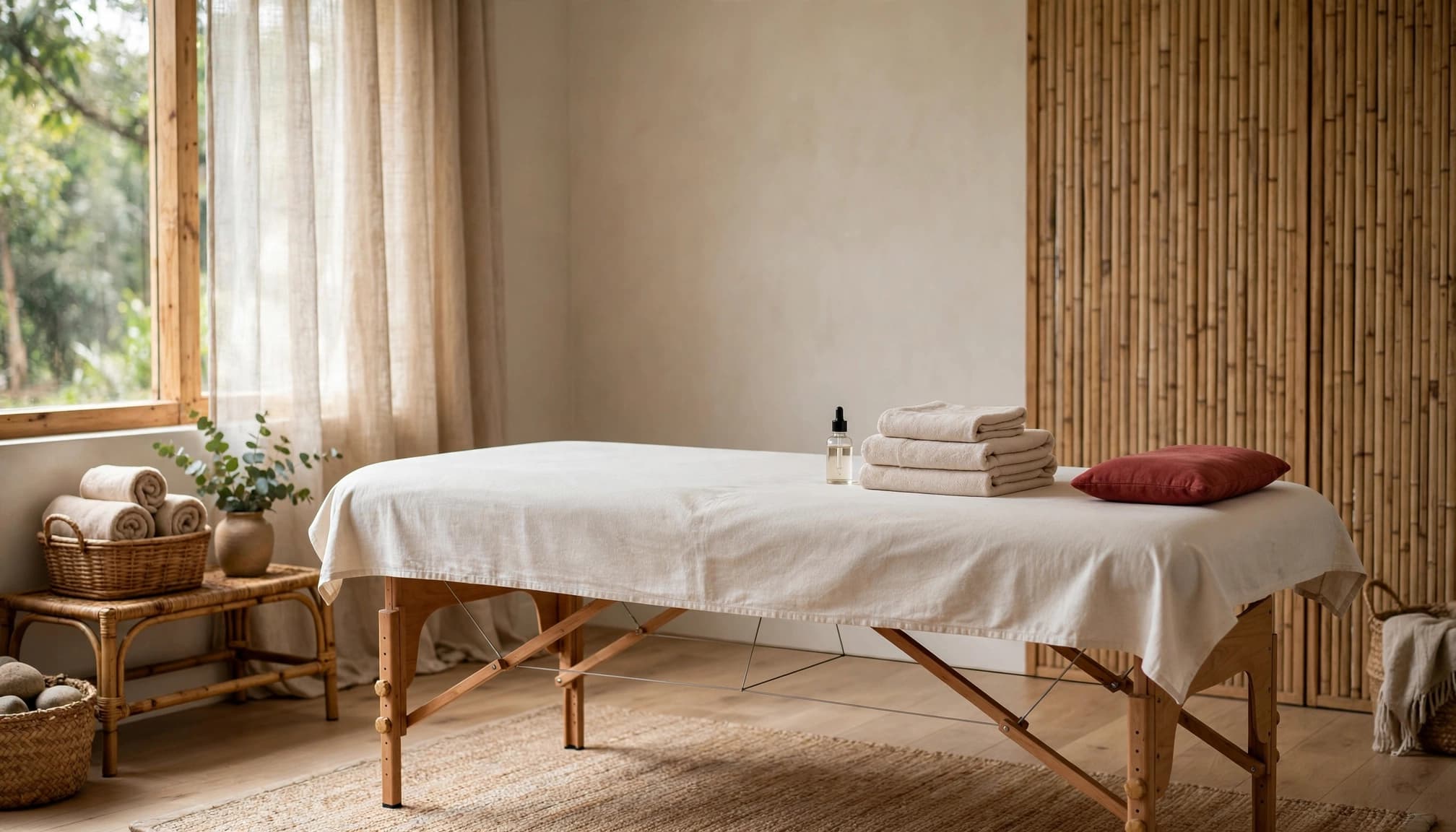 A clean massage table with folded towels, oil, and a red cushion in a bright room.