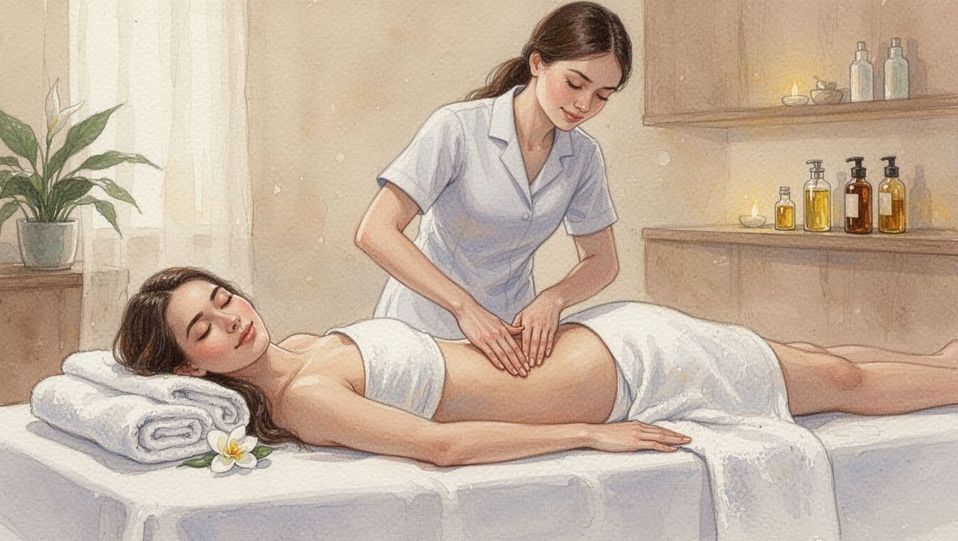 A serene local mother lies on a massage table receiving gentle Somali massage strokes on her lower back from a female therapist in a peaceful Nairobi South B spa room with soft lighting, fresh towels, and oil bottles, rendered in watercolor style with soft blending and warm tones.