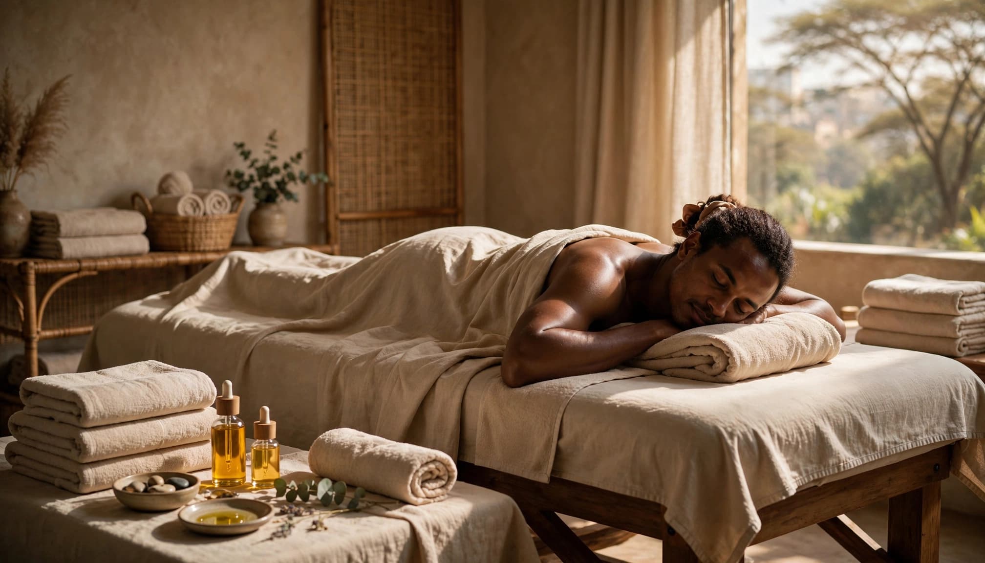 An adult resting on a massage table beside oils and folded towels in a calm spa room.