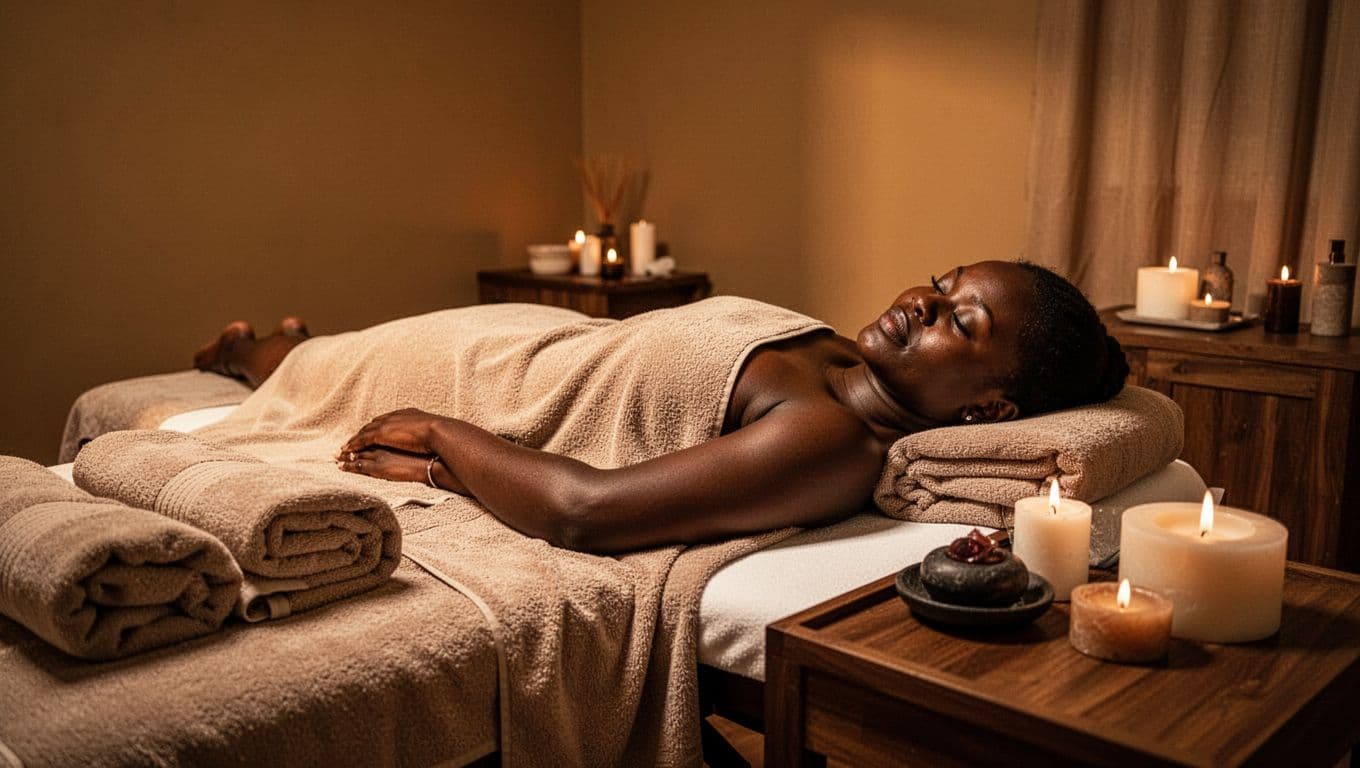 A spa guest rests on a massage table in a warmly lit treatment room.