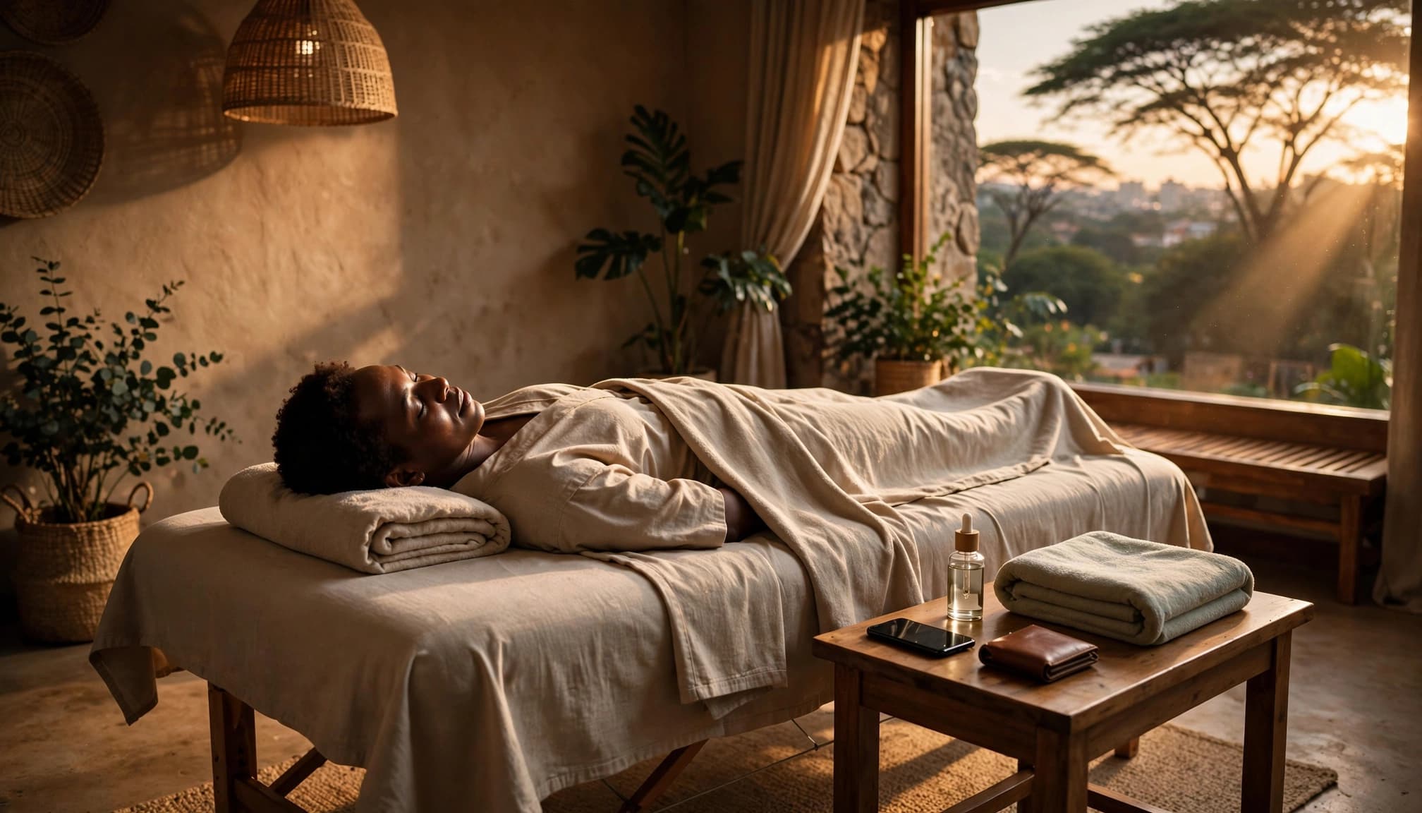 An adult client rests on a massage table beside a towel, oil, phone, and wallet.