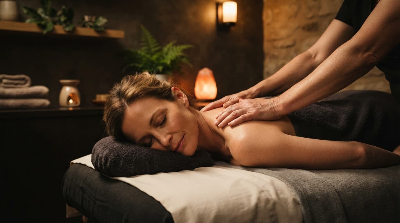 Relaxed client receiving a shoulder massage in a warmly lit spa room.