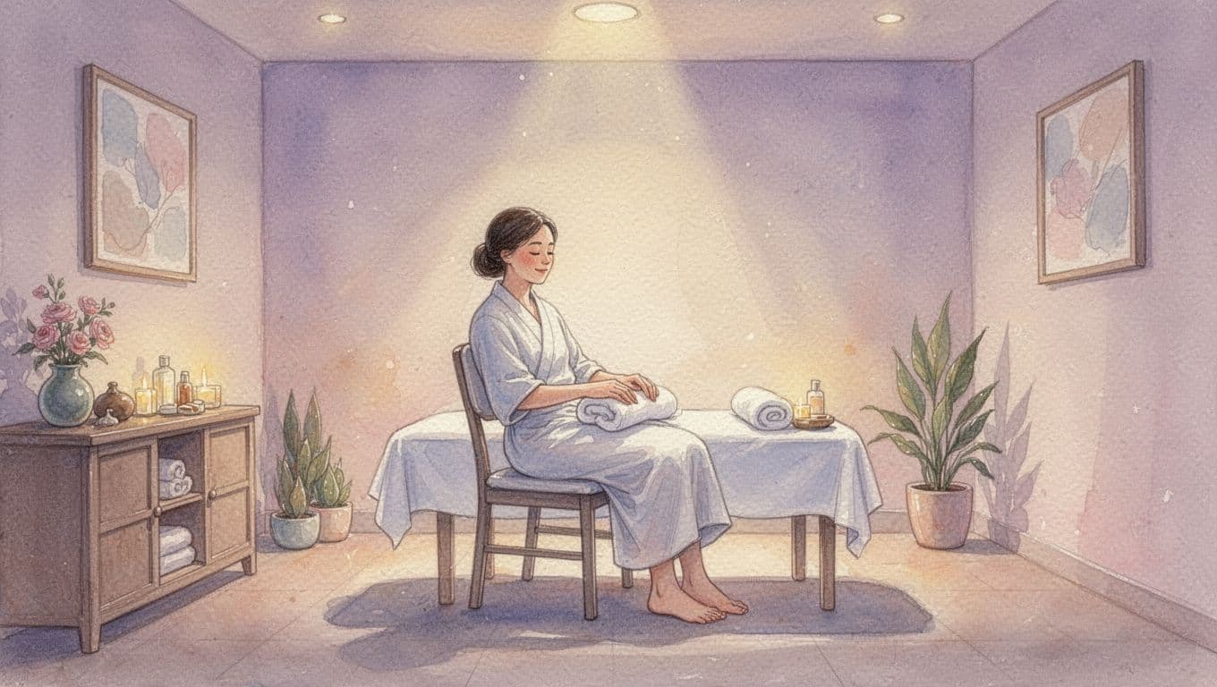 A person sits quietly on a plush chair inside a dimly lit, tranquil room. Soft watercolor strokes in pastel tones define the peaceful space, reflecting a relaxing environment before a massage.