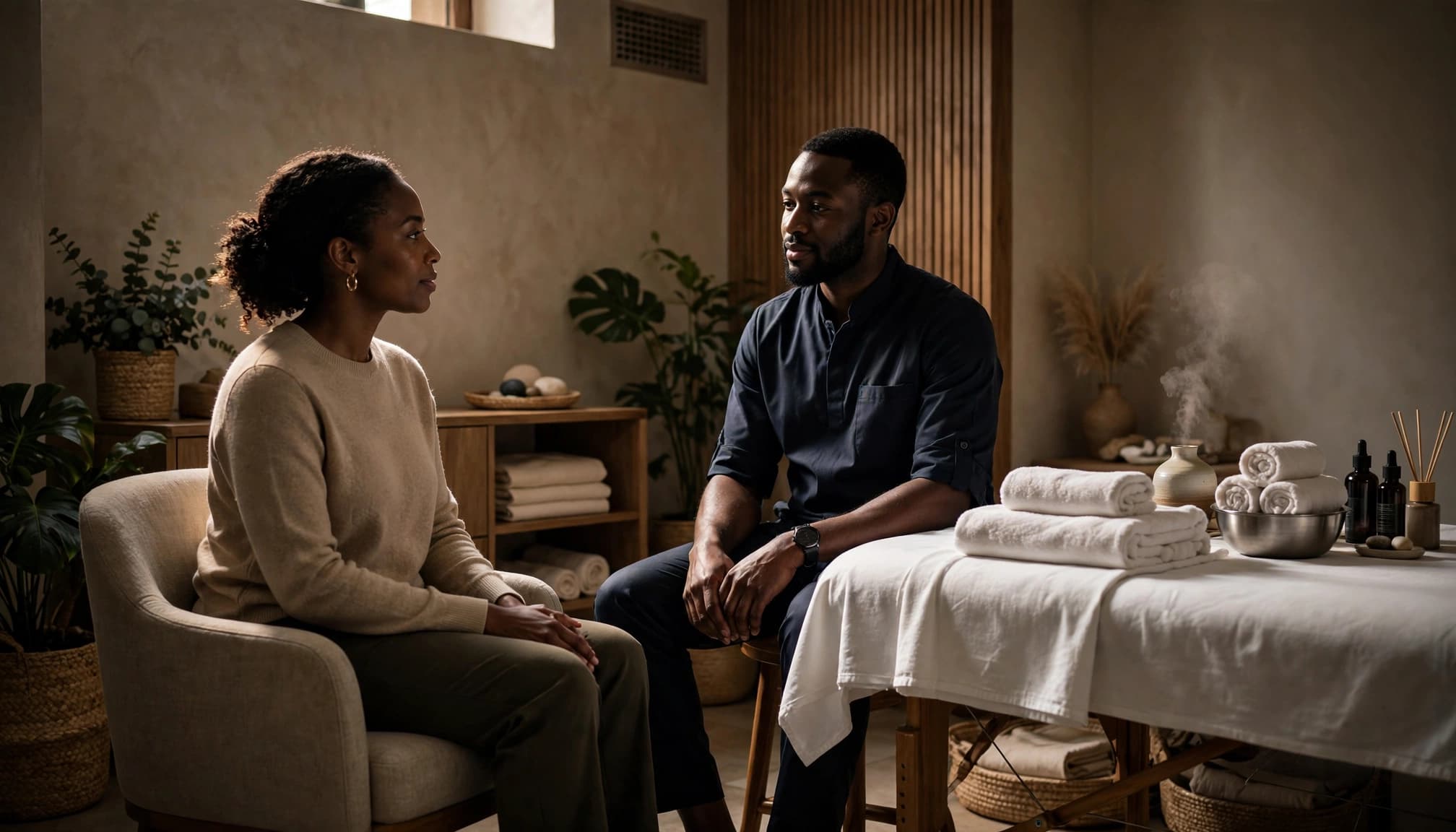 A client and therapist discuss safety beside a massage table.