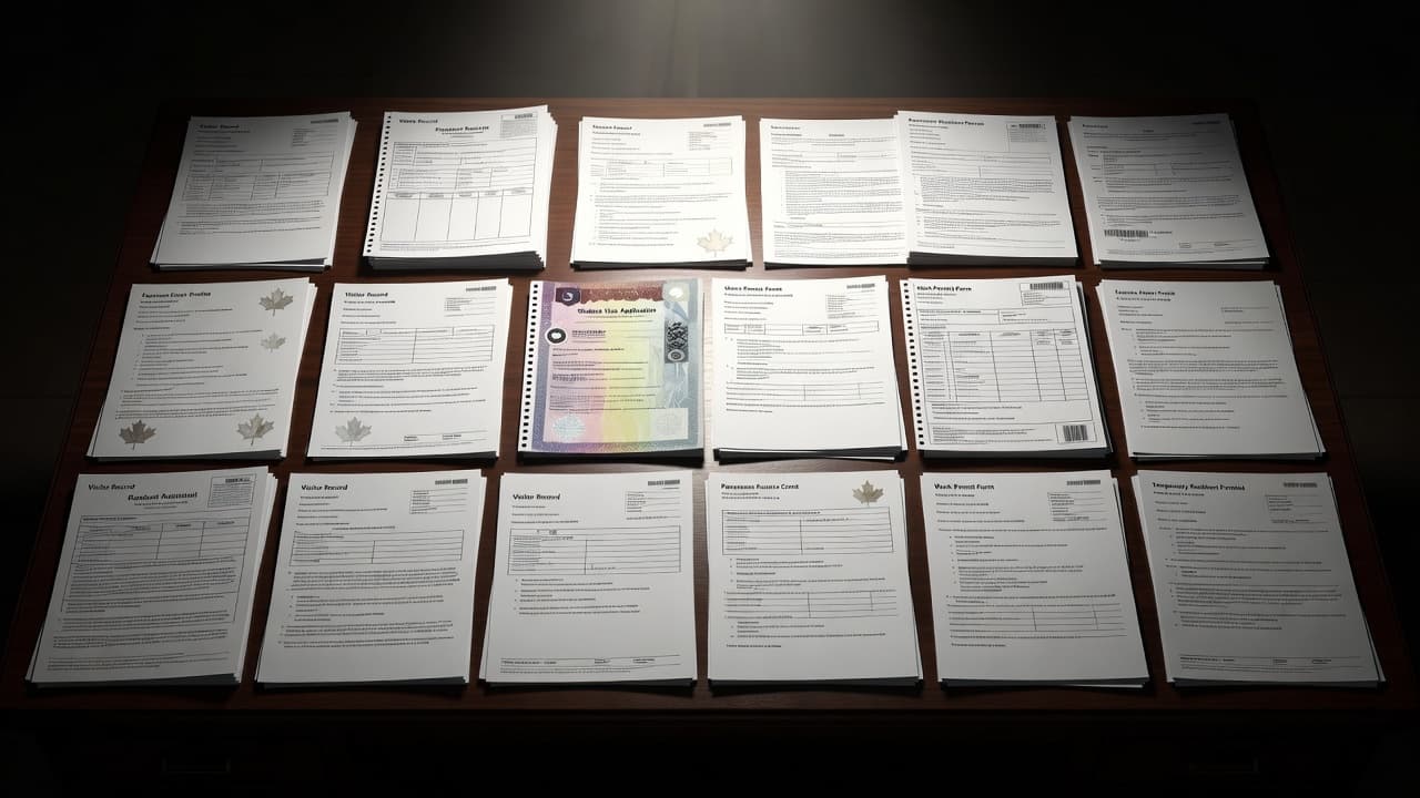 An organized arrangement of various Canadian travel permits and visa application forms sits on a clean desk surface. Cinematic light casts dramatic shadows across the stack of diverse immigration paperwork.