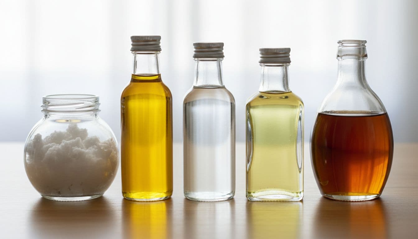 Hot Oil Massage 9 Five clear glass bottles of carrier oils—coconut (solid white), almond (golden), jojoba (clear), olive (green-tinted), and sesame (amber)—arranged on a neutral wooden surface in soft natural light for easy visual comparison.