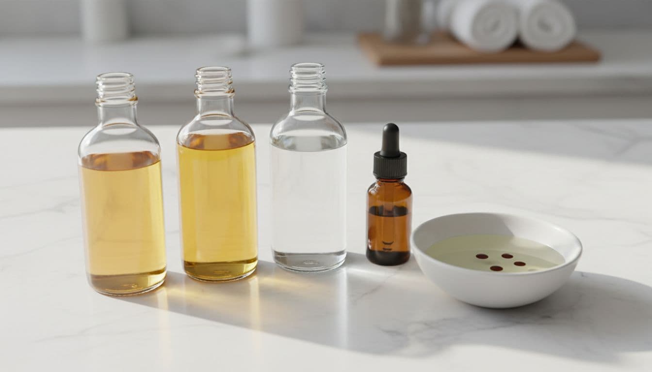 Aromatherapy Massage 8 Clear glass bottles of carrier oils including sweet almond, jojoba, fractionated coconut, and grapeseed oil beside a tiny essential oil dropper bottle on a white marble countertop in a spa setting, with a small bowl showing diluted drops in bright natural daylight.