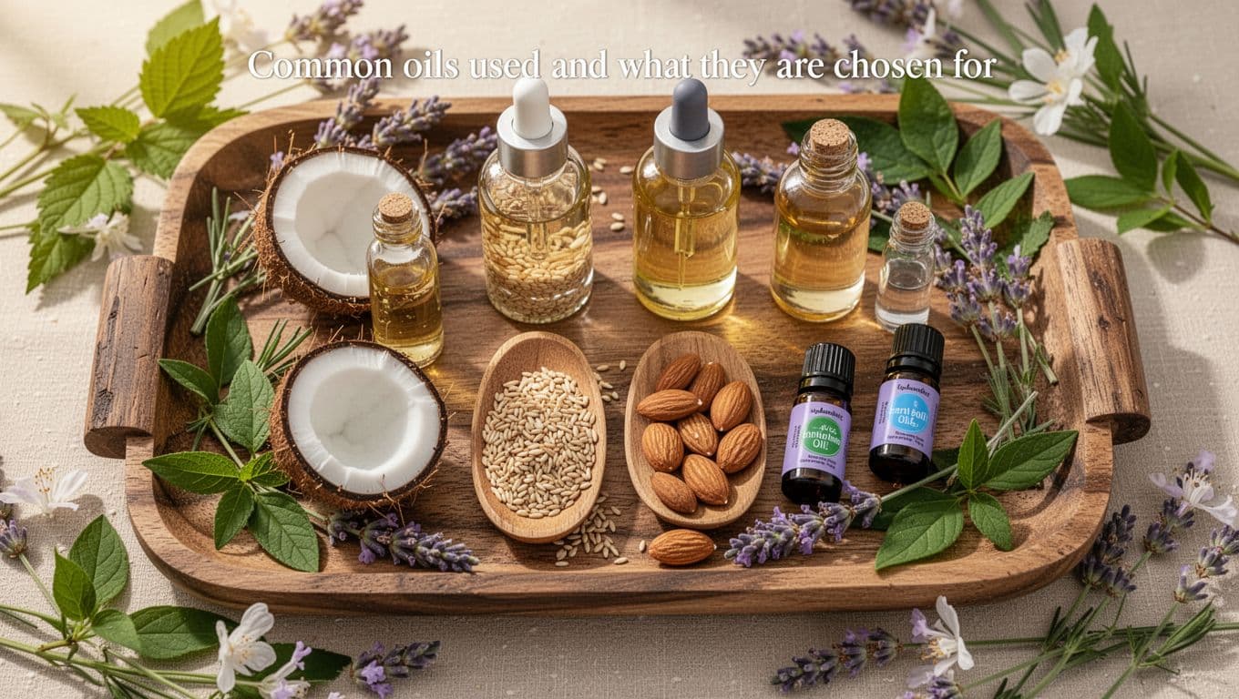 Hot Oil Massage 3 Assortment of four glass bottles with carrier oils like coconut, sesame, and almond on a rustic wooden spa tray next to two vials of lavender essential oil blend, surrounded by fresh green leaves and flowers in warm natural daylight, top-down clean aesthetic.