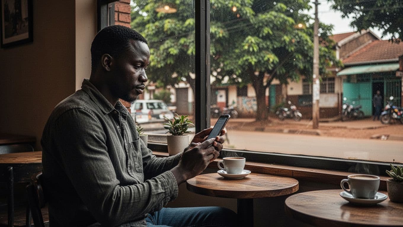 A man checks a turned-away phone beside a cafe window overlooking a leafy street.