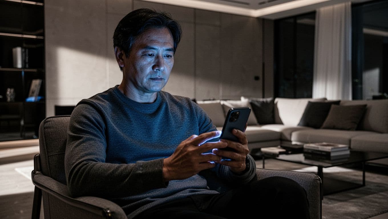 A person carefully examining a smartphone in a modern room.
