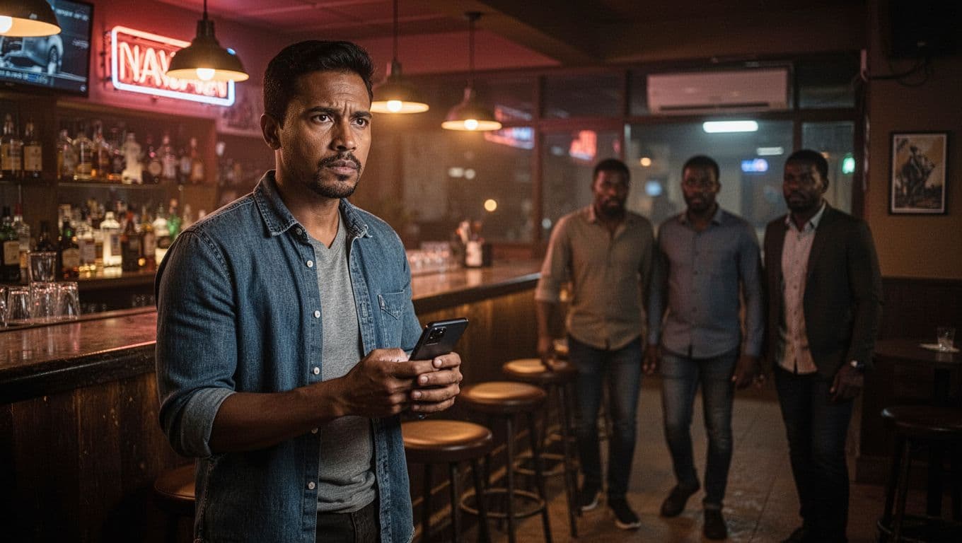 Adult Entertainment in Nairobi for Foreign Visitors at Night A cautious foreign male visitor in a dimly lit Nairobi lounge at night grips his smartphone tightly, alert to a small unexpected group approaching from the side, with bar counter in the background under warm neon glow.