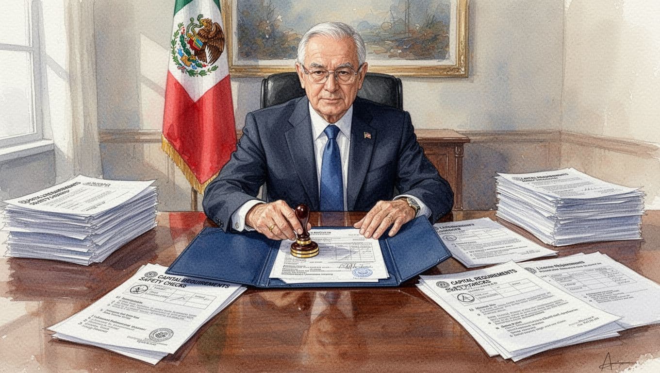A Central Bank of Kenya official stamps approval on a bank license application folder surrounded by stacks of documents detailing capital requirements and safety checks on a wooden desk in a government office, with the Kenyan flag in the background. Rendered in watercolor style with soft blending, visible brush texture, and soft office lighting.