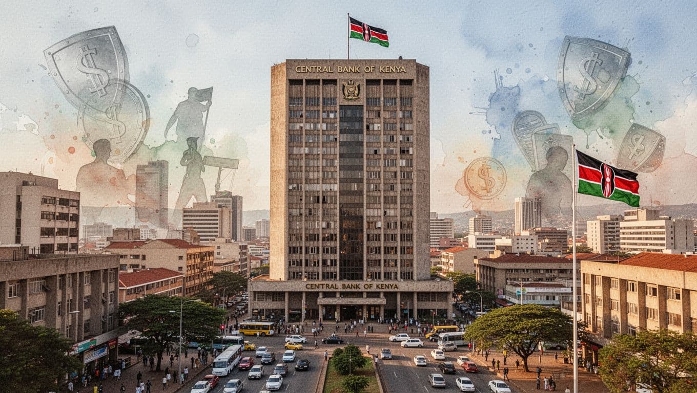 Central Bank of Kenya headquarters building in Nairobi stands tall as a guardian over a bustling financial district, with subtle bank vaults, money symbols, and a waving Kenyan flag, rendered in watercolor style with soft blending and warm daylight lighting.
