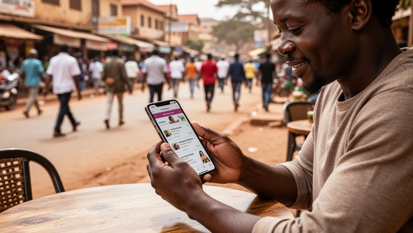 An adult in their 30s browses massage spa reviews on a smartphone at an outdoor cafe table in busy Kilimani, Nairobi, with a focused yet relaxed expression. The realistic candid landscape photo shows natural daylight, blurred street background, and the phone angled away from the camera.