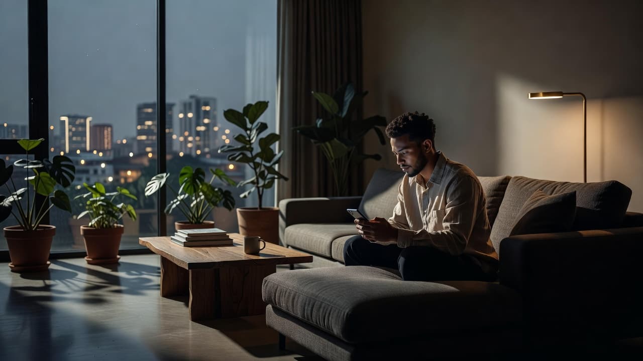 A focused person sits in a dimly lit, contemporary Kilimani living room holding a smartphone. Soft ambient light highlights their facial features as they scroll through digital service ratings and feedback.