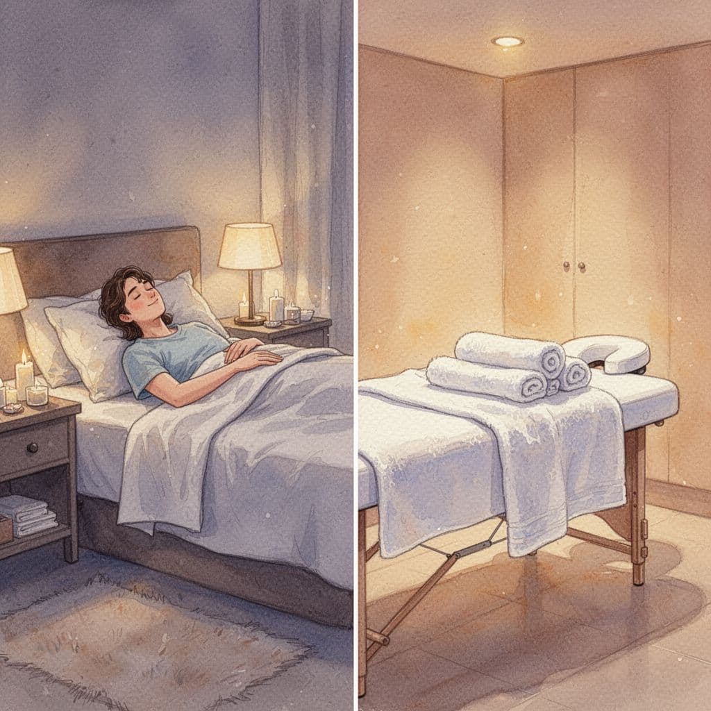 Hot Oil Massage 7 A watercolor illustration split between a person relaxing in a cozy bedroom and a serene professional spa.