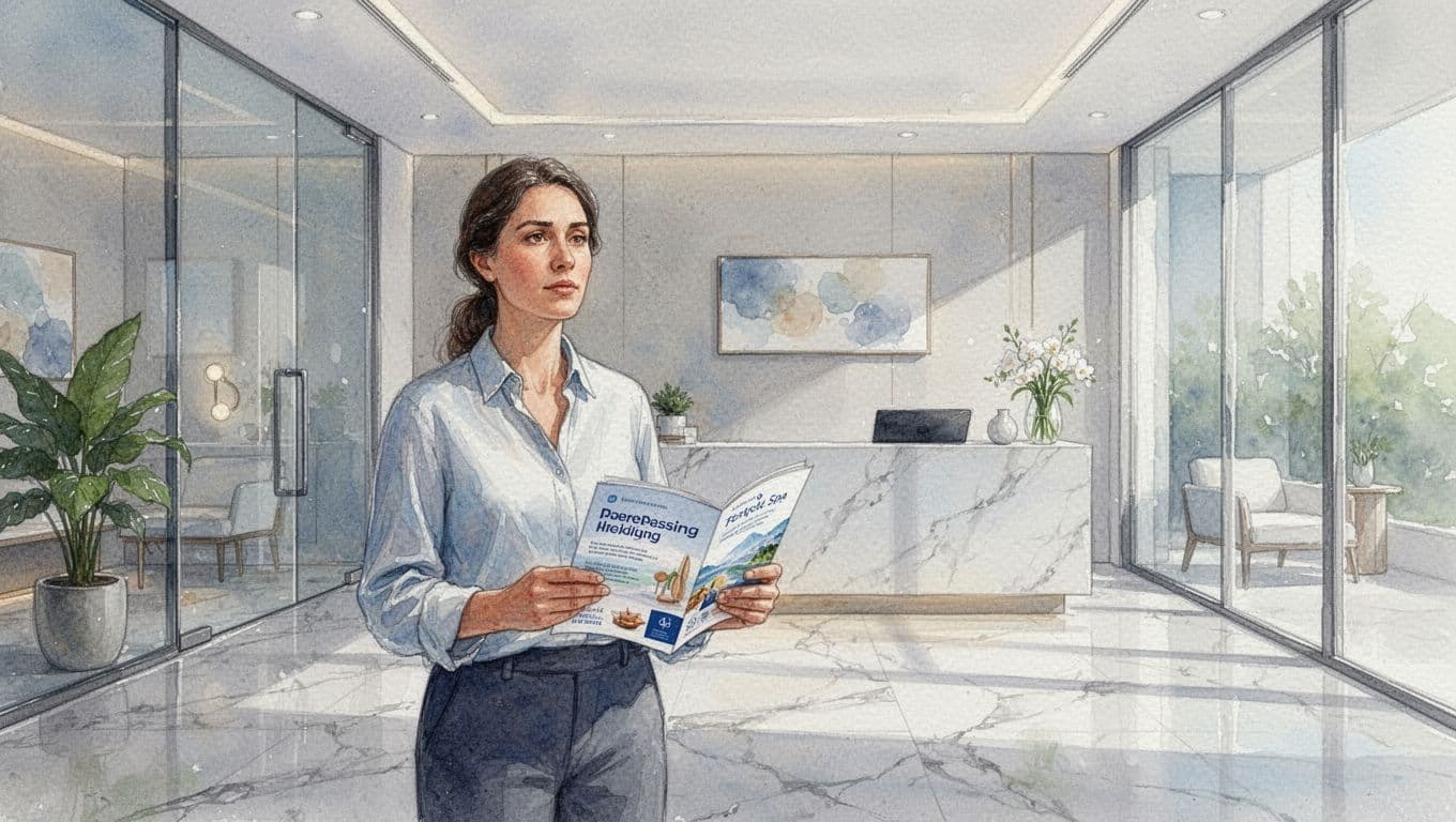 A woman sits in a sunlit spa lobby holding an open brochure while carefully reviewing treatment options. Soft watercolor textures define the minimalist furniture and serene atmosphere of the reception area.