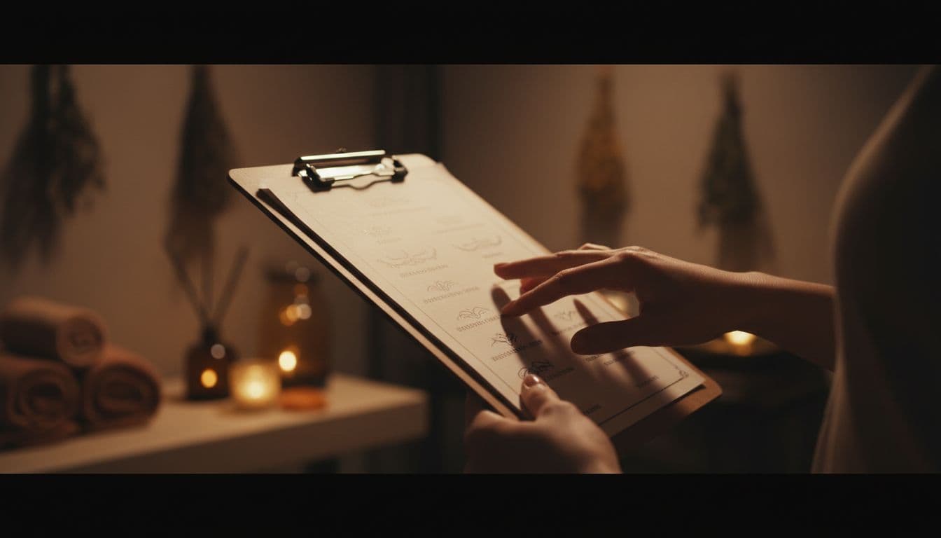 A person reviews a list of massage therapy options on a wooden clipboard inside a spa.