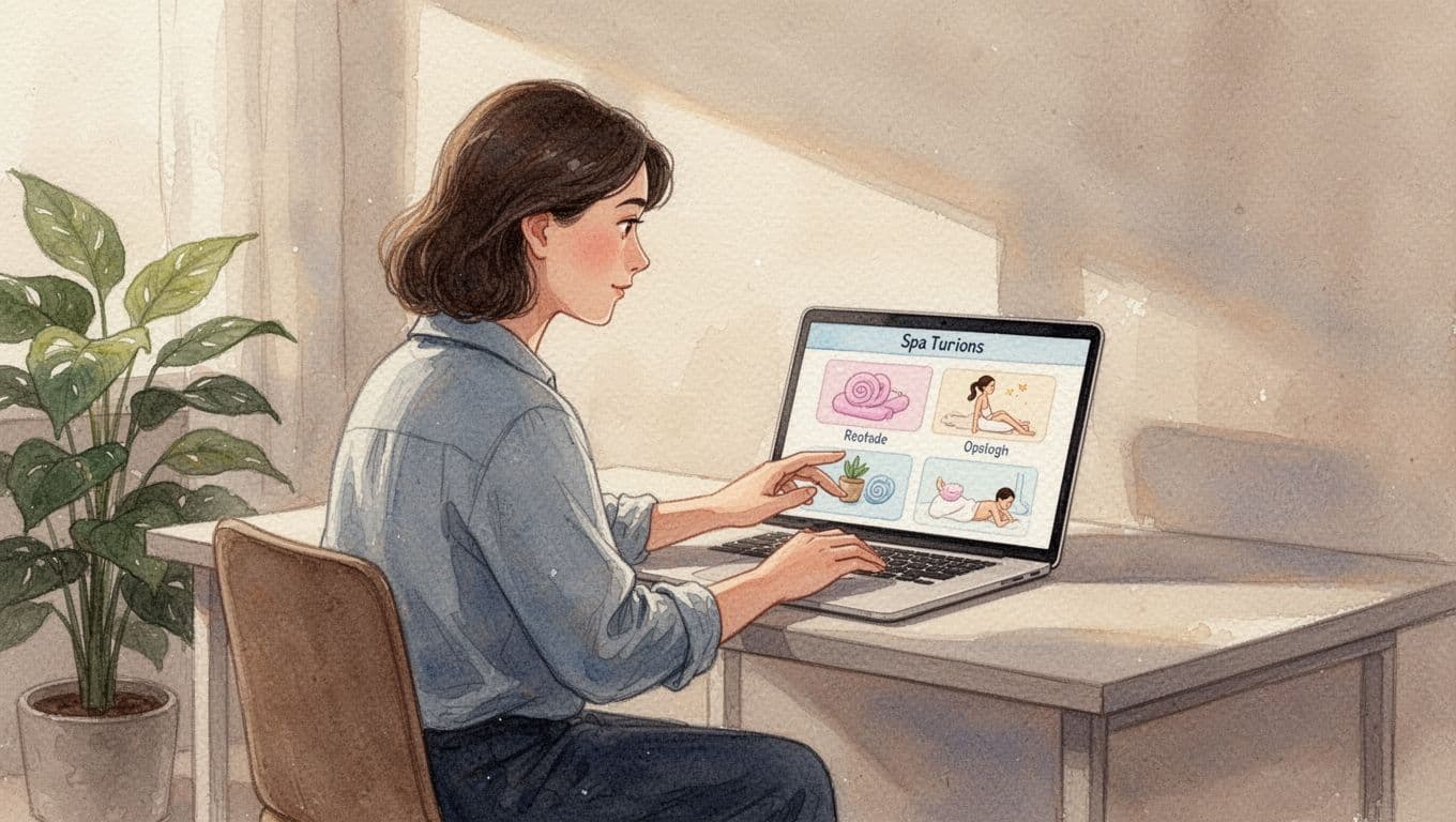 A person sits at a desk using a laptop to research wellness treatments in this soft watercolor illustration. Warm, blended brushstrokes create a calm atmosphere while highlighting a focused, reflective moment.