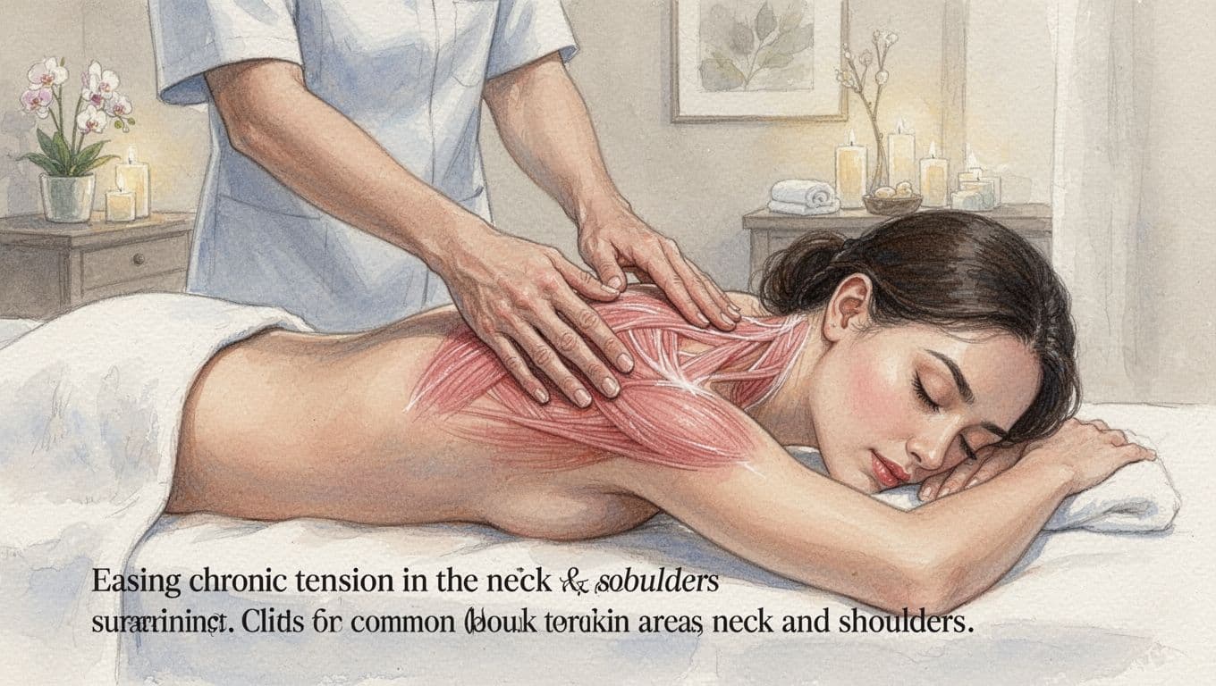 Therapist hands applying firm pressure to tense upper back, neck, and shoulders of a client on a massage table in a spa, showing muscle release in watercolor style with soft blending.