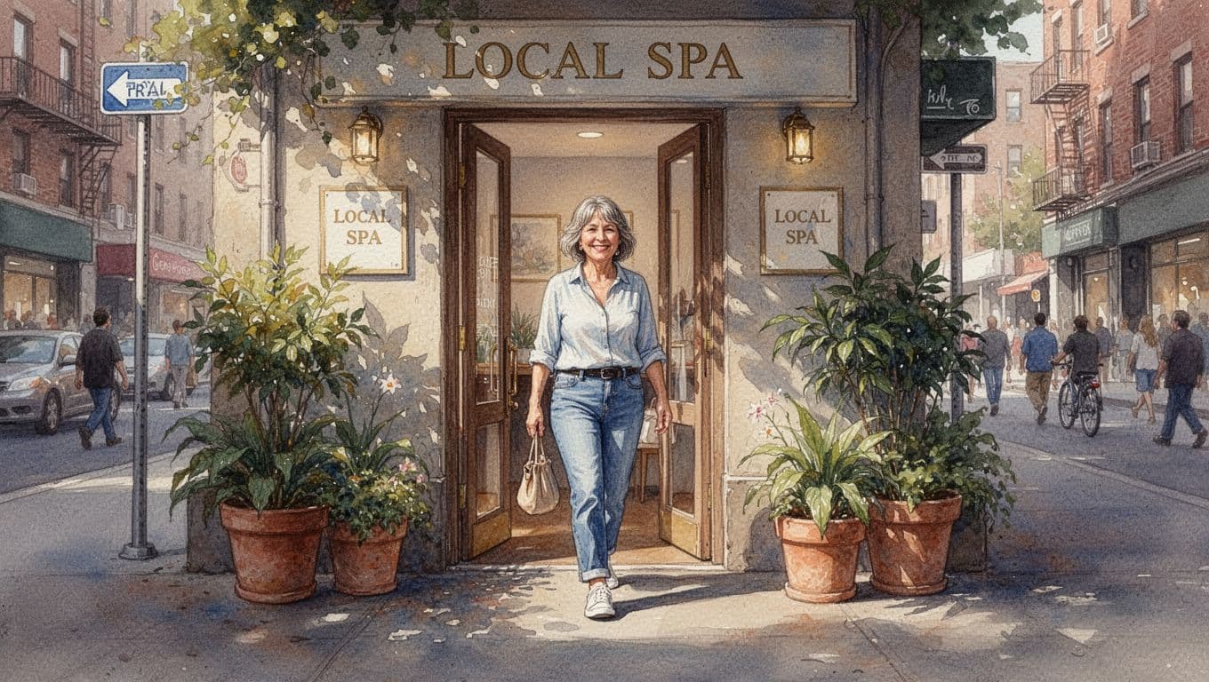 A middle-aged local woman in casual clothes smiles softly as she exits Classic Comfort Massage & Spa on Biashara Street in Nairobi CBD, carrying a small bag amid afternoon sunlight on plants and door, conveying post-massage satisfaction in watercolor style with soft blending and warm earthy tones.