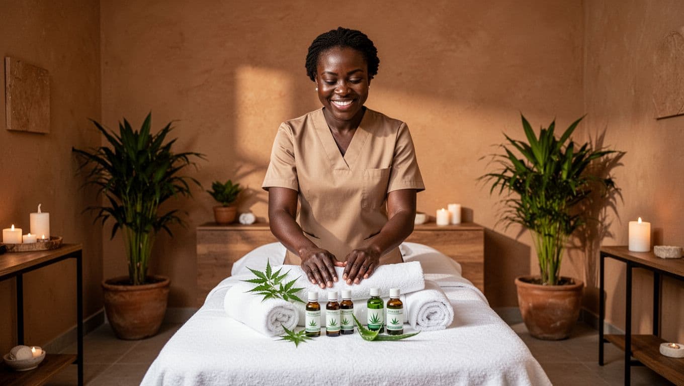 Serene interior of Classic Comfort Spa massage room in Nairobi Kenya, with one smiling female African therapist in uniform preparing a massage table with fresh white towels and small bottles of Kenyan essential oils like neem and aloe. Warm soft lighting, clean modern earth-toned decor with potted green plants create a professional and welcoming atmosphere.