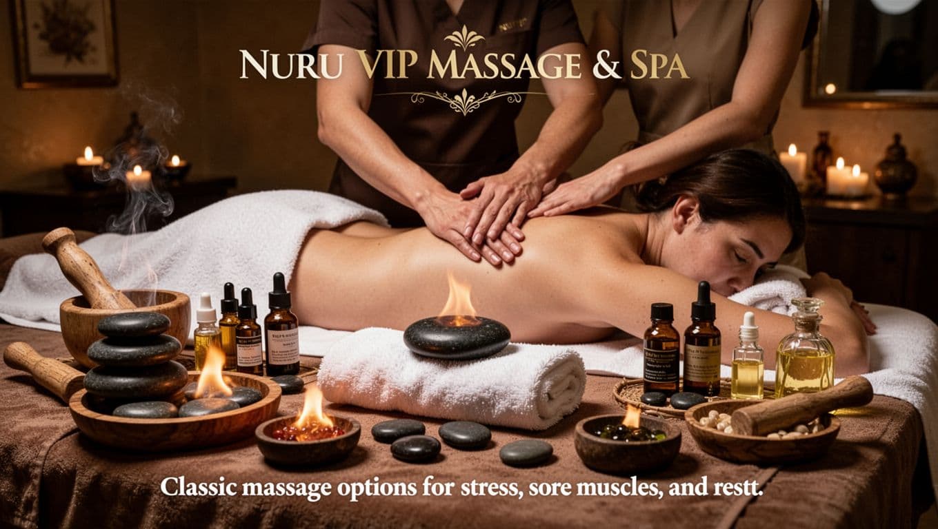 Variety of classic massage tools including hot stones, essential oils, and therapist hands on a back for deep tissue or Swedish massage in a cozy spa room with centered table, towels, and oils. Cinematic style with strong contrast and dramatic soft lighting.