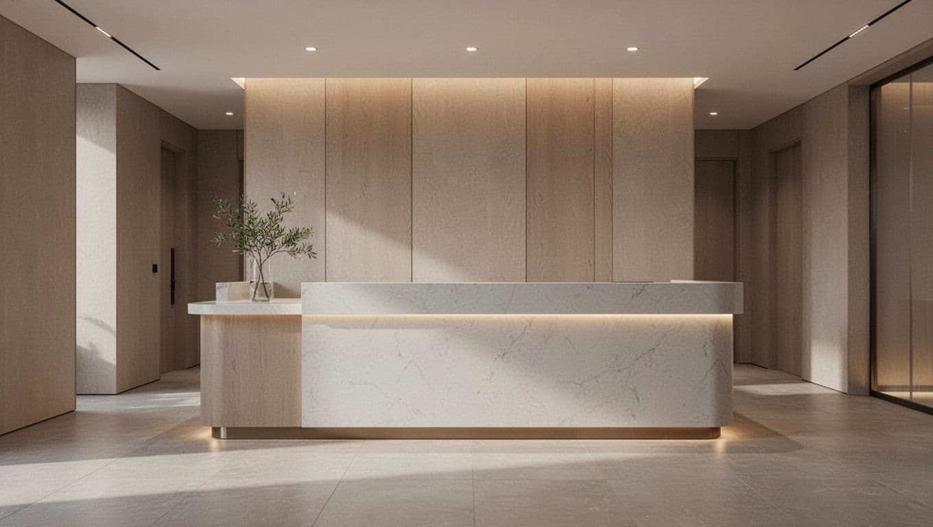 A modern spa reception desk lit by warm overhead pendant lights.