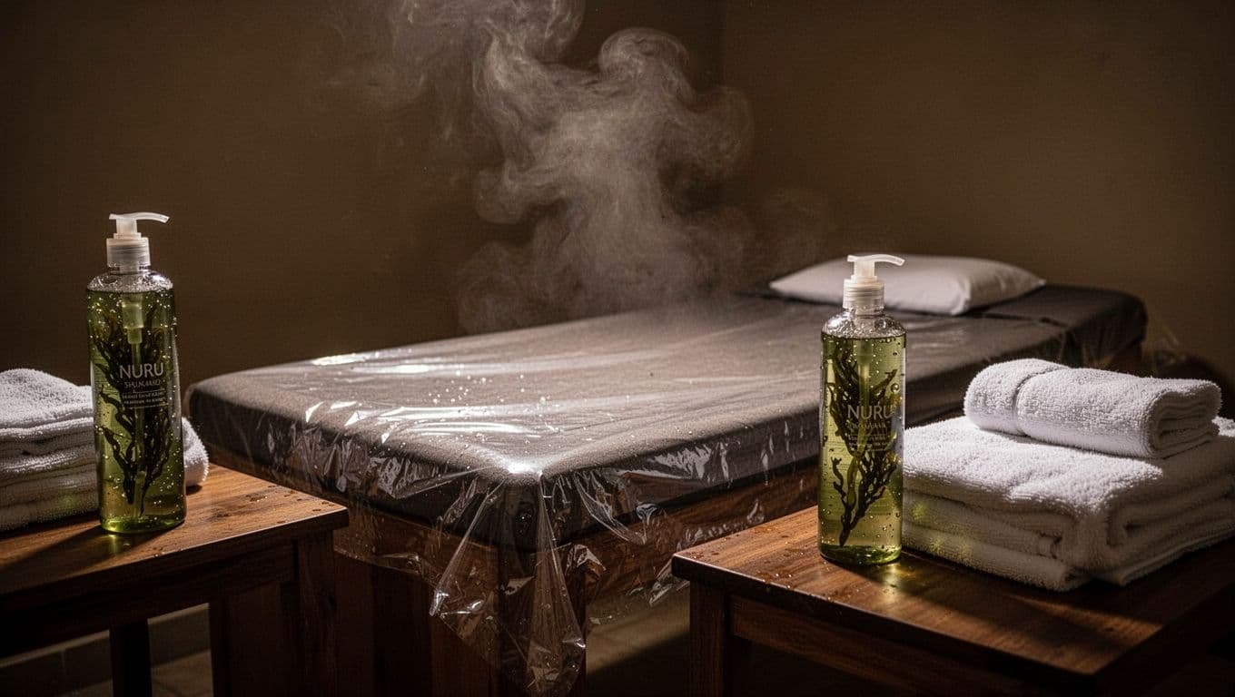 Empty serene spa room in Nairobi with waterproof futon mat covered in plastic sheet, translucent seaweed Nuru gel bottle on side table, folded white towels, soft steam, and dim cinematic lighting.