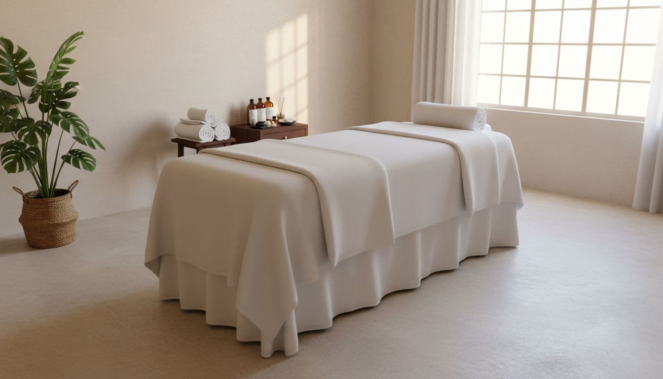 Nairobi Massage Guide: Styles, Prices, Safety, and Aftercare (2026) 9 Professional massage table in a spotless Nairobi spa room with crisp white linens, folded towels on a side table, neatly arranged high-quality oil bottles, soft natural light from a window, and a potted plant creating a serene, empty space ready for clients.