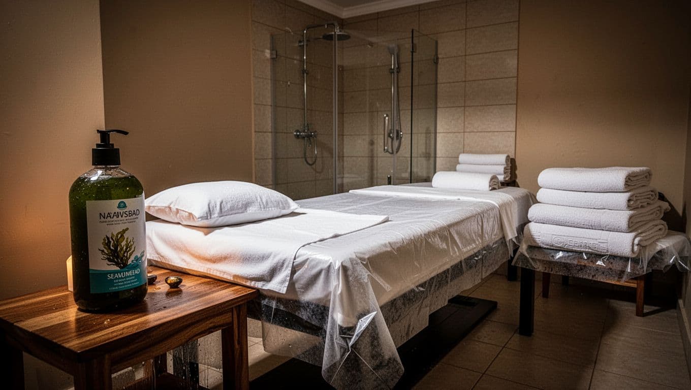 Empty professional Nuru massage room in Nairobi spa with waterproof futon, fresh linens, disposable sheets, seaweed Nuru gel, private shower, stacked towels, and warm cinematic lighting emphasizing hygiene and privacy.