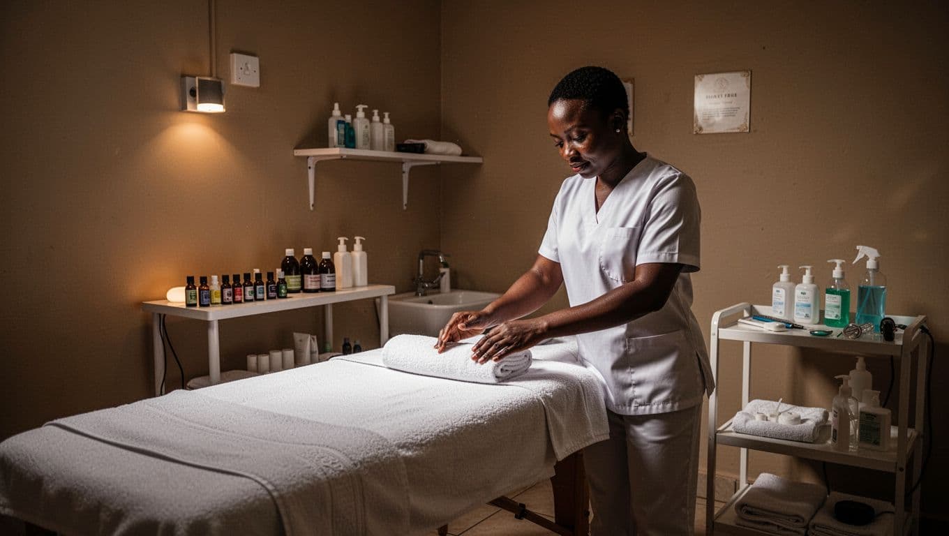 Interior of a hygienic professional massage room in Kilimani spa Nairobi with fresh white linens therapist arranging essential oils sanitized tools and warm lighting.